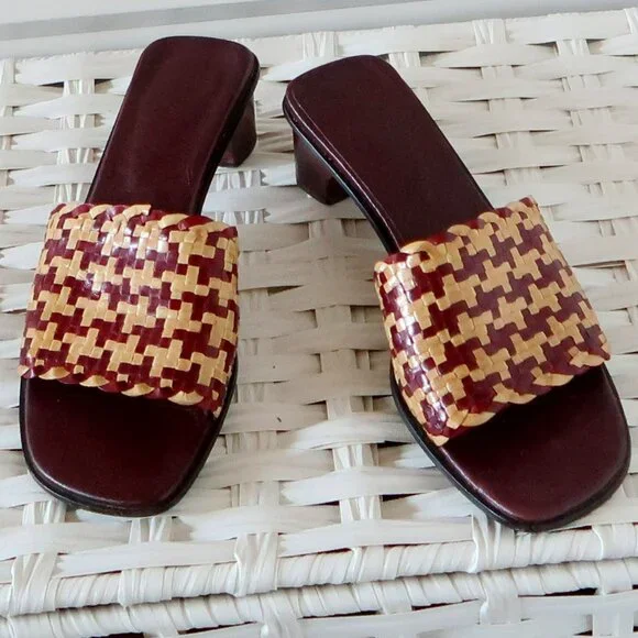 Handcrafted Burgundy Raffia Block Heel Mule Sandals Woven Boho Summer Shoes 7 - Picture 5 of 16